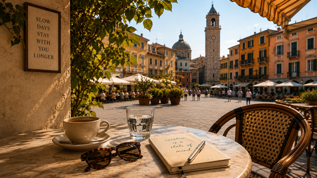 Sunlit European café terrace with coffee, travel journal, and warm Mediterranean atmosphere reflecting a slow travel vacation state of mind