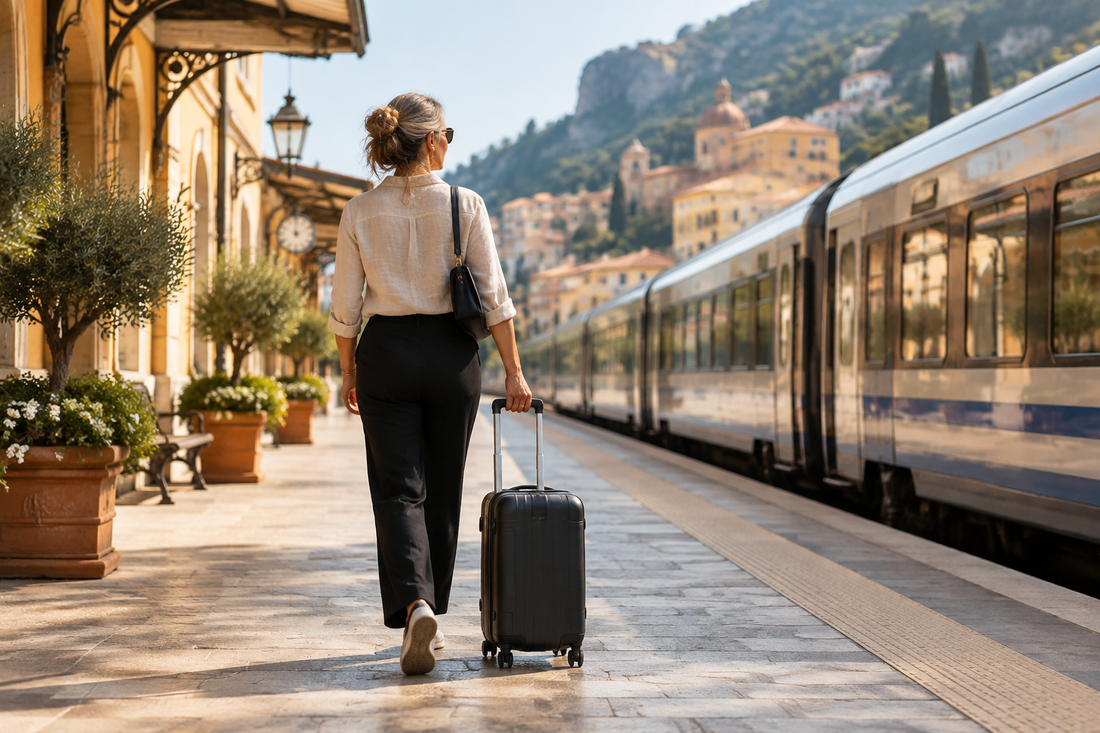Woman traveling through a European train station with one compact carry-on suitcase