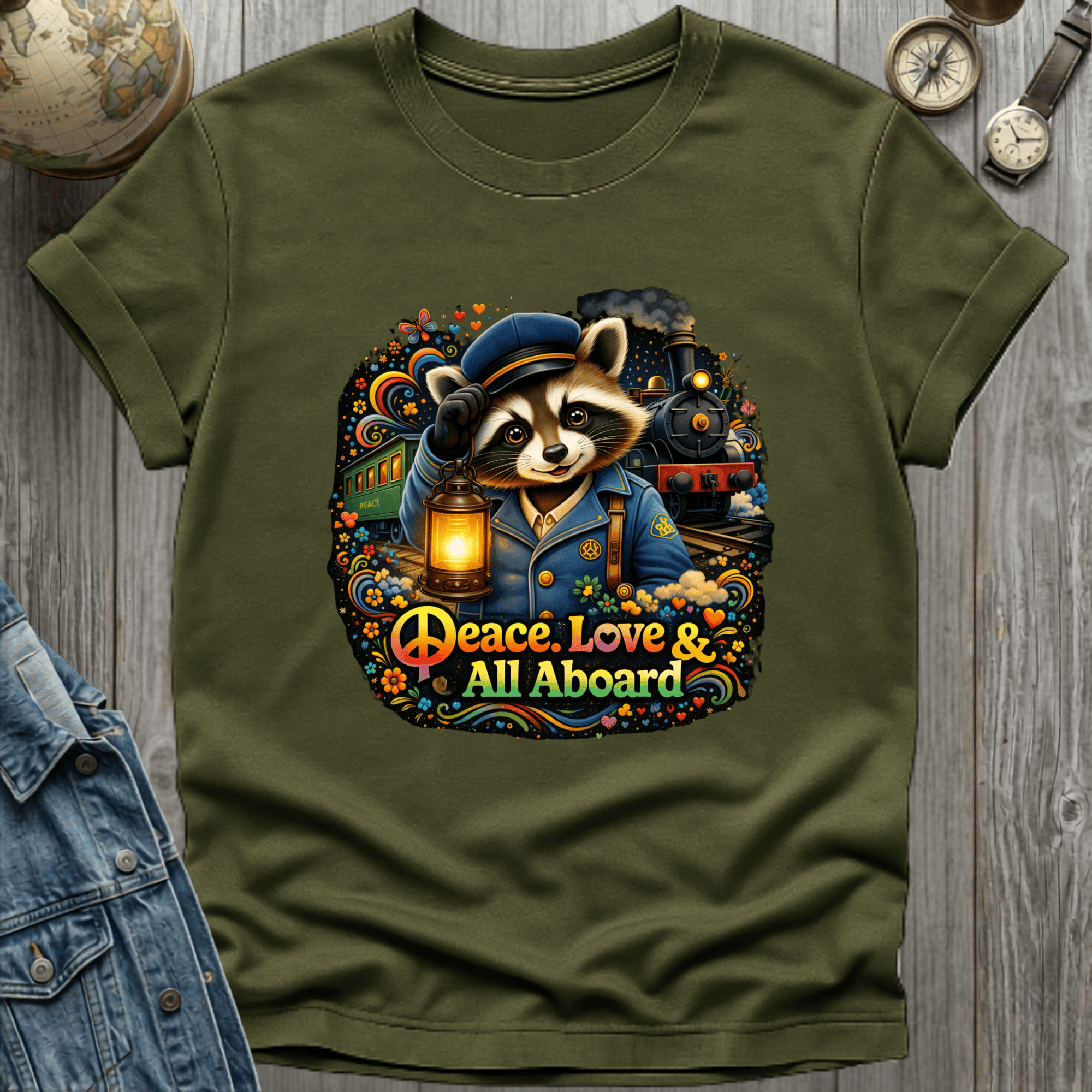 Peace Love All Aboard Raccoon T-Shirt