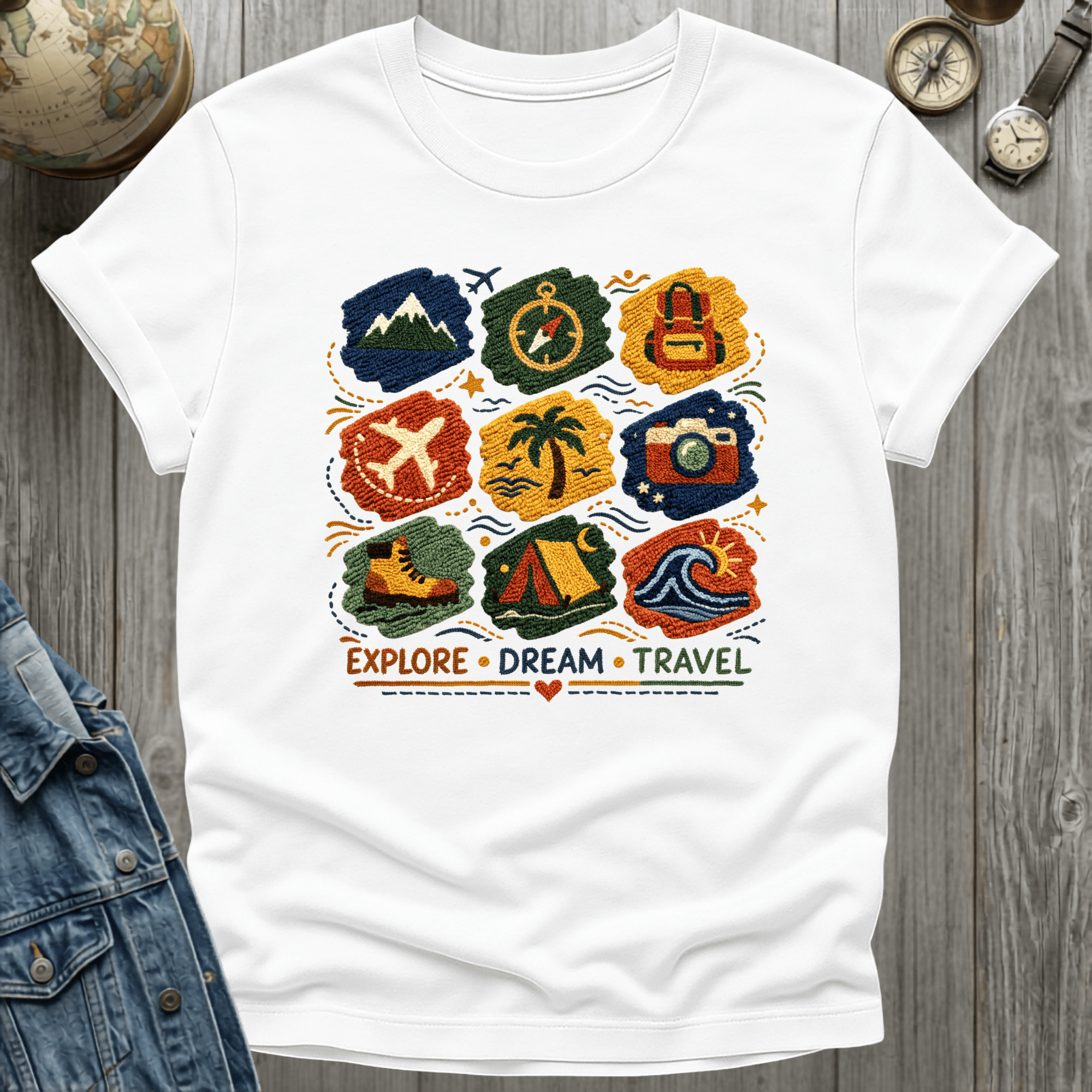 Travel Faux Latch Hook Badges T-Shirt