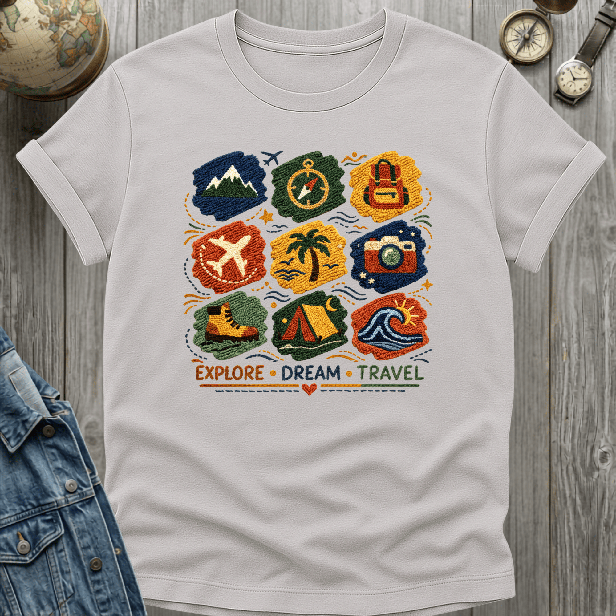 Travel Faux Latch Hook Badges T-Shirt