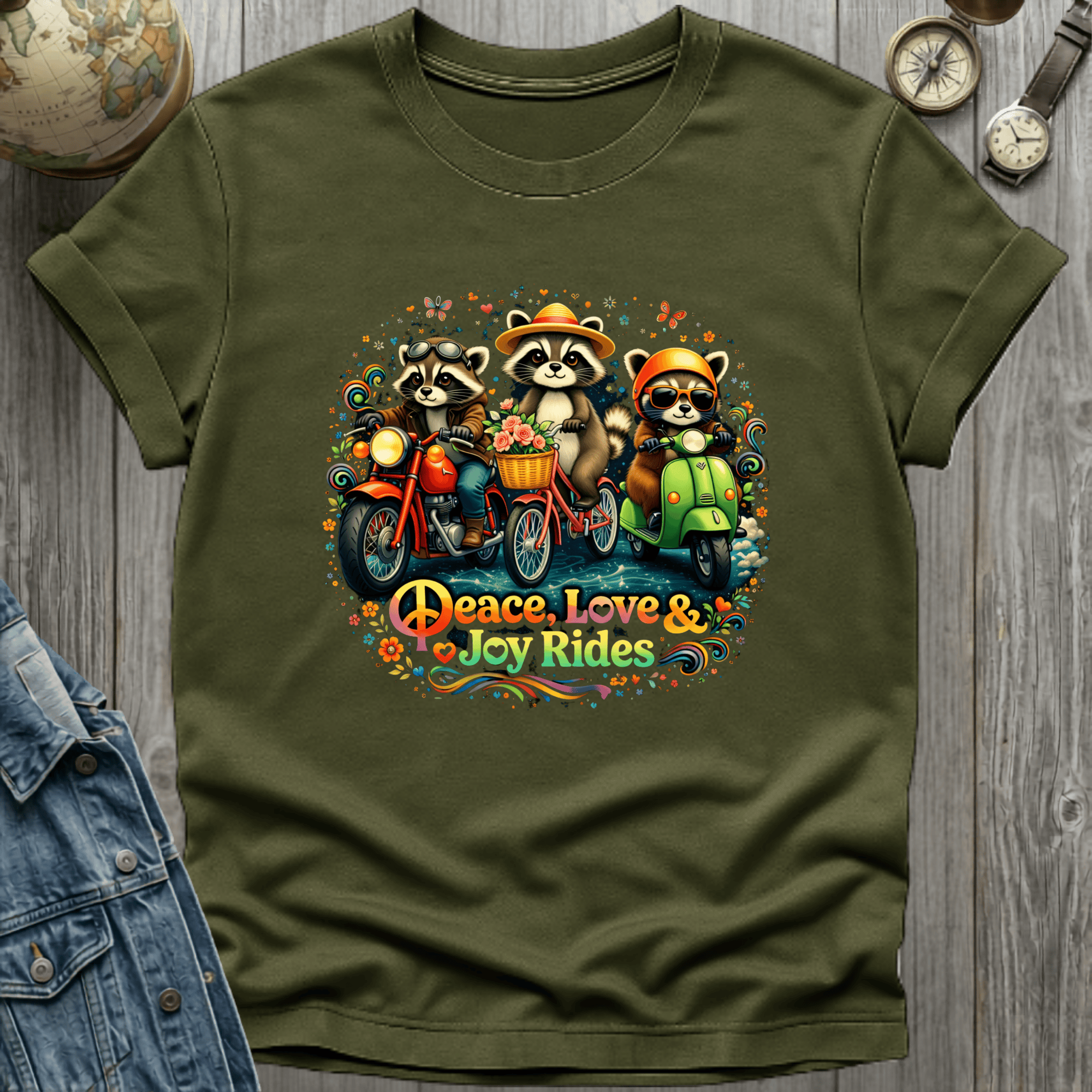 Peace Love Joy Rides Raccoon T-Shirt