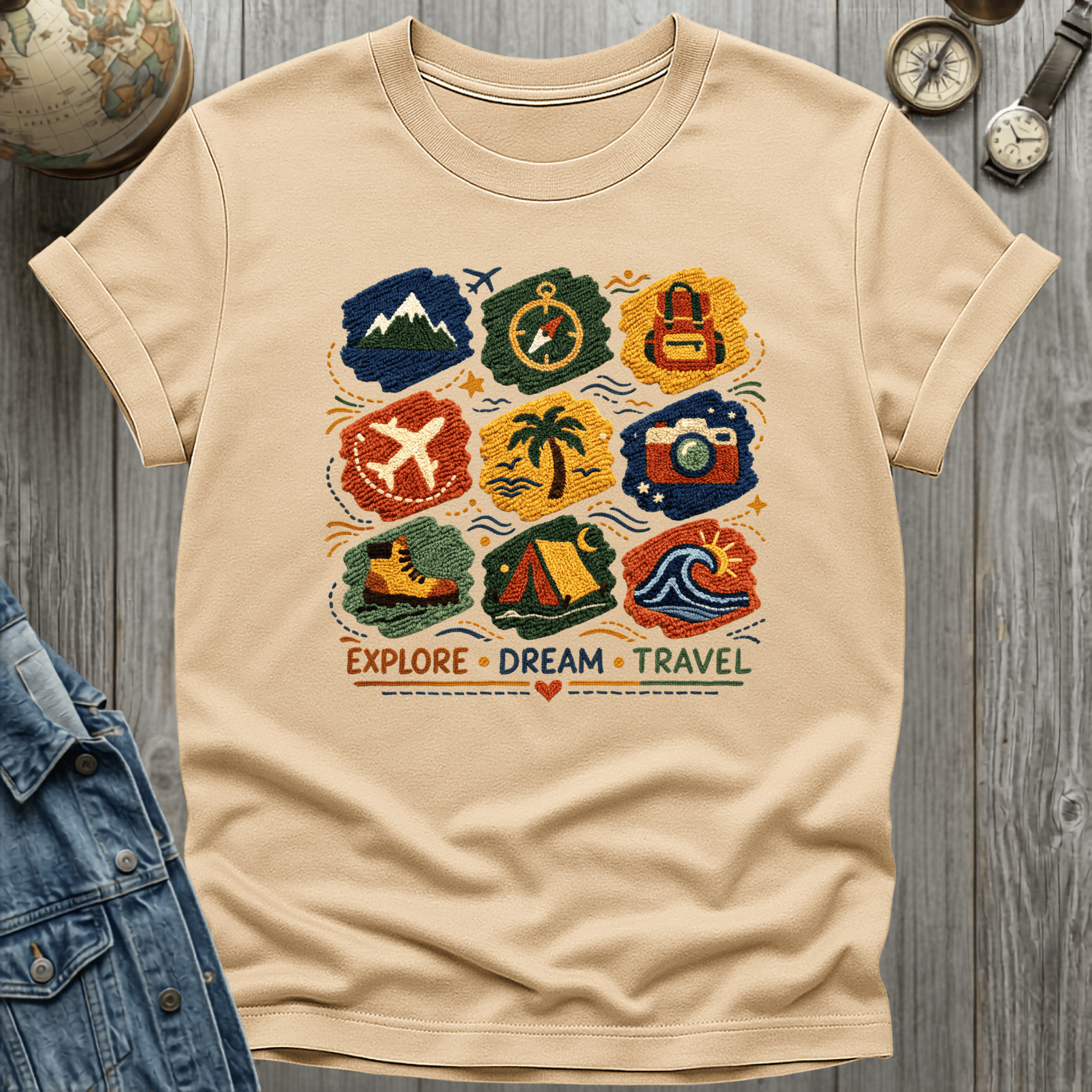 Travel Faux Latch Hook Badges T-Shirt