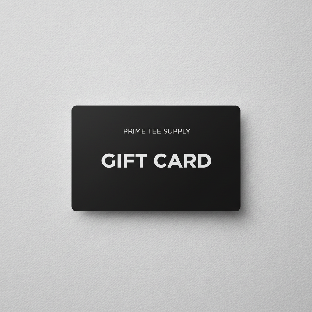 Matte black Prime Tee Supply gift card on a light grey background